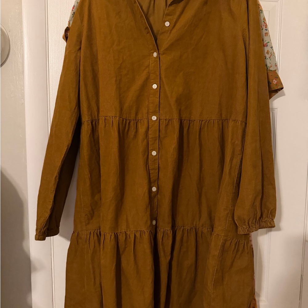 J. Crew Long-Sleeve Tiered Button-Front Dress — Mustard Brown